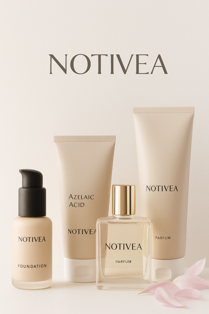 Collection of NOTIVEA skincare and fragrance products with clean, elegant packaging on a soft background