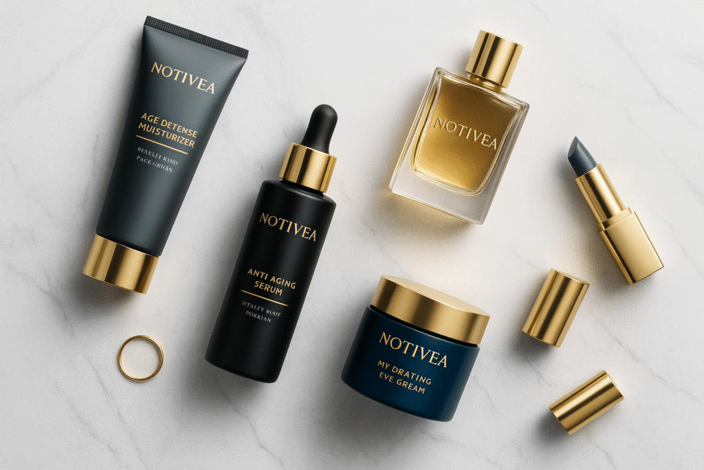 Flat lay display of NOTIVEA beauty products on marble background, including fragrances and skincare, styled for e-commerce.